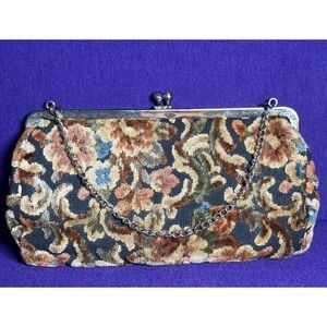 Vtg Floral Cut Velvet Tapestry Clutch Purse Carpet Bag Kiss Lock Chain Strap MCM